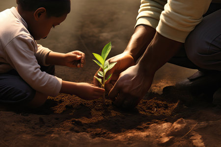 Close-up view of a hands of a young man is planting a flower in his garden.の素材