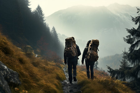 Image of a couple of hikers walk through the forest in rainy weather.の素材