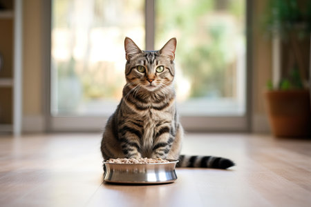 Domestic cat next to a bowl of food.の素材