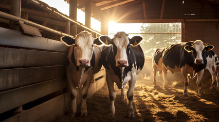 Cows on a dairy farm in a wooden stall.の素材