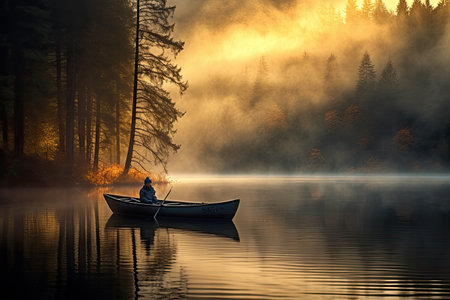 Fishing in the rays of the setting sun.の素材