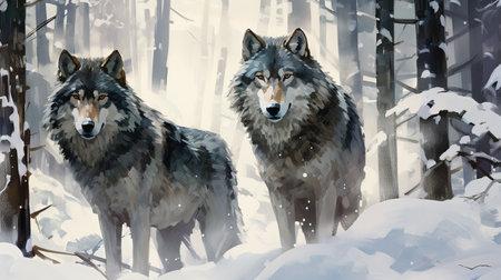 Wolves in winter forestの素材