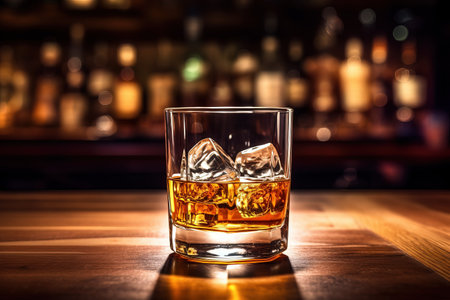 A glass of whiskey on a wooden table in bar.の素材