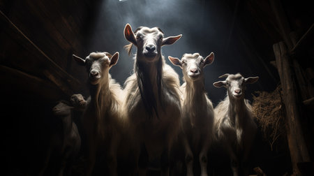 White goats in a dark stall on a dairy farm.の素材