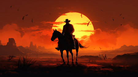 A cowboy riding a horse during sunset.の素材