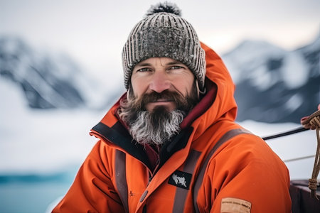 Portrait of a polar explorer during a snow storm.の素材