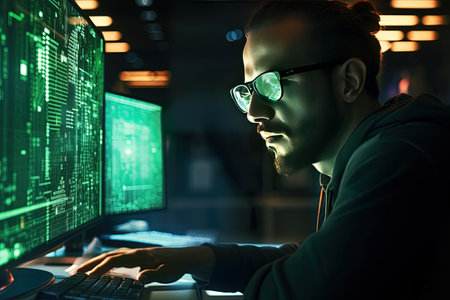 Software engineer in eyeglasses working on front of few monitors in an office at hight.の素材