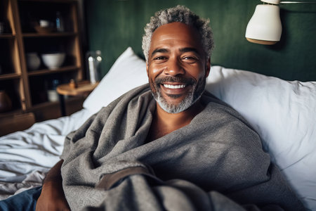Morning portrait of a happy middle aged African American man.の素材