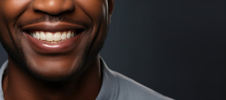 Happily smiling African American young man with perfectly white even teeth. Smiling mouth close up.の素材