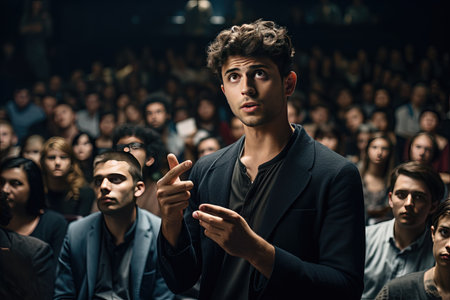 A young man asks a lecturer a question in a large lecture hall. He is trying to argue a different point of view from the lecturer.の素材