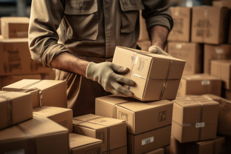 Warehouse workers hands at the post warehouse.の素材