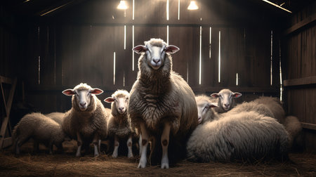 Several sheep in a barn on a small farm.の素材