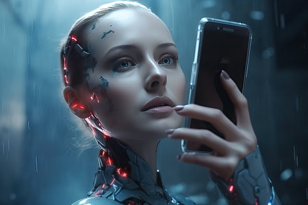 An android robot with a female face sends a voice message through a smartphone.の素材