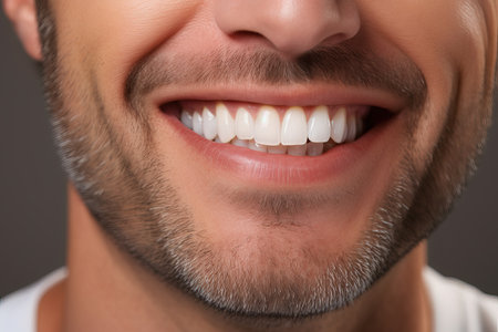 Tooth whitening concept. Smiling mouth close up.の素材