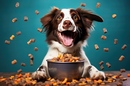 Happy dog next to a bowl of food on blue background.の素材