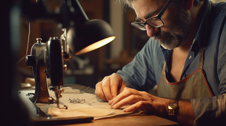 Professional male seamstress at work. Close-up view.の素材