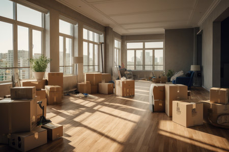 Moving. Cardboard boxes and things delivered to a new apartment.の素材
