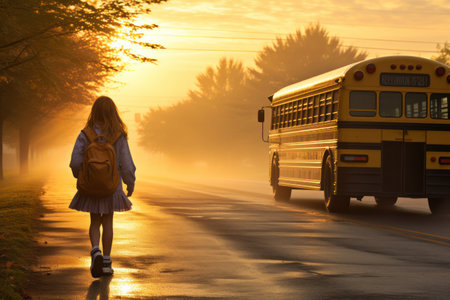 The schoolgirl goes to the yellow bus.の素材
