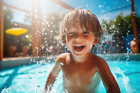 Little boy having fun in the pool outdoors.の素材