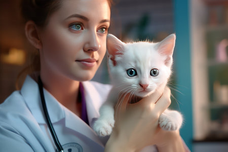 Caucasian veterinary doctor checks the health of a little kitten.の素材