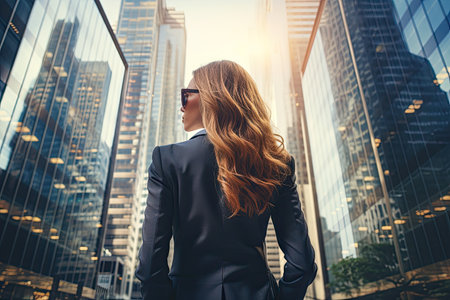 Close-up of a Scandinavian businesswoman in a formal suit against the backdrop of skyscrapers in the business district of the city.の素材