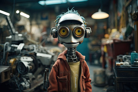 Funny robot repairing a car in auto repair shop.の素材
