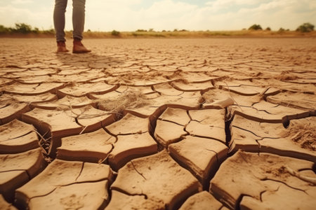 Farmer standing on parched landscape.の素材
