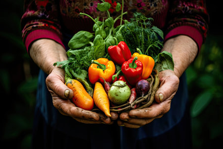 Hands of an elderly woman with her harvest of garden vegetables. Natural products as the basis of health in old age.の素材