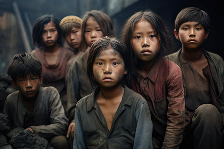 A group of Asian children in dirty clothes stands in the middle of a bombed-out street and looking at camera.の素材