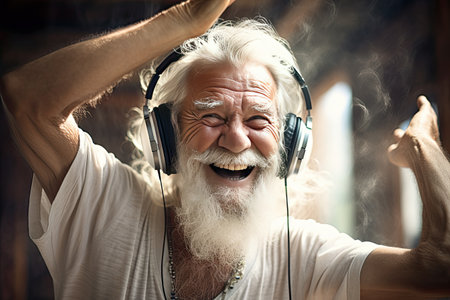 Happy elder man in headphones dancing, singing at home.の素材