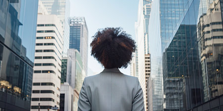 Back view of a middle aged African American businesswoman in eyeglasses in a formal suit against the backdrop of skyscrapers in the business district of the city.の素材