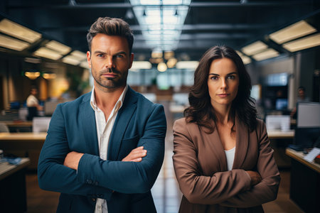Two professional executive business team people Caucasian woman and man looking at camera standing in office lobby hall. Company managers team portrait.の素材