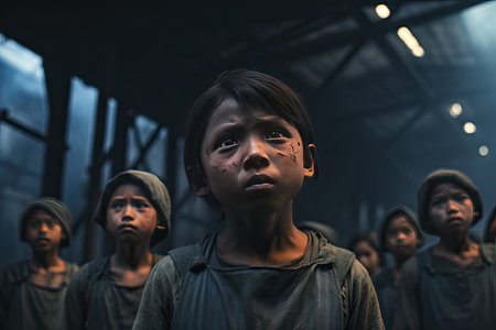 Stop the war. Group of an Asian children in dirty clothes stands in the middle of a bombed-out street and looking at camera.の素材