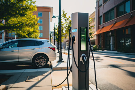 Eco-friendly sustainable energy concept - charging station for electric vehicles in a mall parking lot. A bank of electric car chargers.の素材