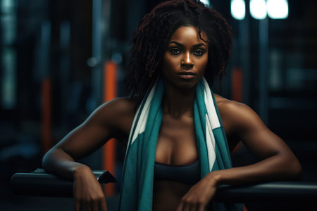 Tired after workout young female athlete bodybuilder, sitting in the gym. Young African American woman sitting on a gym bench with a towel on her neck and looking at camera.の素材