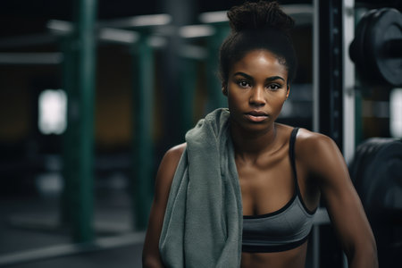 Tired after workout female athlete bodybuilder, sitting in the gym. Young African American woman sitting on a gym bench with a towel on her neck and looking at camera.の素材