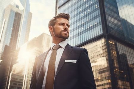 Sunset portrait of a Scandinavian businessman in a formal suit against the backdrop of skyscrapers in the business district of the city. Success and prosperity. Hard work in finance.の素材