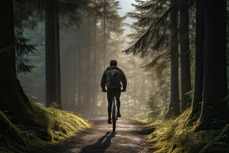 Silhouette of a lonely cyclist in the morning foggy forest. A bike ride in the fresh air, alone with your thoughts.の素材