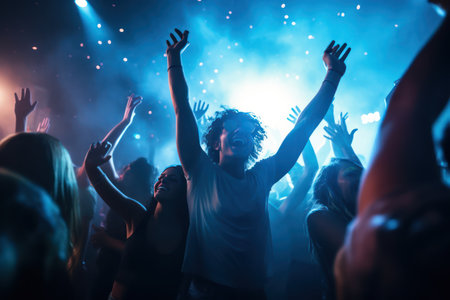 A large group of young people are dancing in a nightclub.の素材