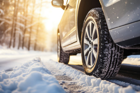 Winter tire. Detail of car tires in winter on the road covered with snow. Winter traveling by car.の素材