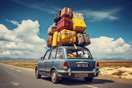 Travelling by retro car. Back view of a car with luggage on the roof. Car on the road with a lot of suitcases on roof. Family travel on vacation.の素材