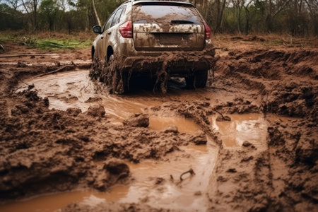 Off-road travel on dirty forest road. The car drives through mud. Cross-country ability tests of modern cars.の素材