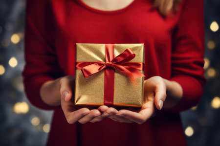 Merry Christmas and happy new year concept. Christmas or New Years gift box in female hands during Christmas eve. Woman holding Christmas gift. Hands close-up.の素材
