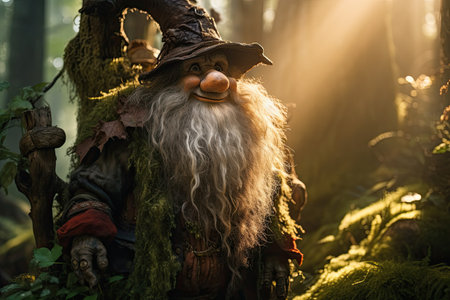 Gnome guardian of the forest looks at the camera smiling. The fairy-tale character is encountered only by the most daring and responsible visitors to the forest.の素材