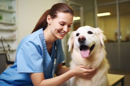 Love for pets and concern for their health. Kind smiley veterinarian with a dog in the clinic. Female Caucasian veterinary doctor checks the health of a Labrador Retriever dog. Close-up photo.の素材