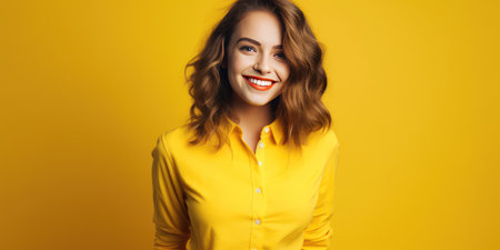 Happy smiling Scandinavian young woman on a yellow background.の素材