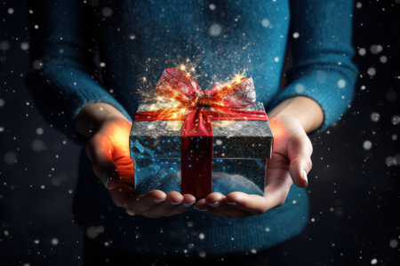 Merry Christmas and happy new year concept. Christmas or New Years gift box in female hands during magical Christmas snowfall.の素材