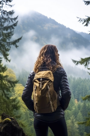 A woman enjoys the view of the summer mountains while on a mountain peak. Hiking and digital detox concept. Contemplation of nature alone with your thoughts. Peace and slow life. Vertical photo.の素材