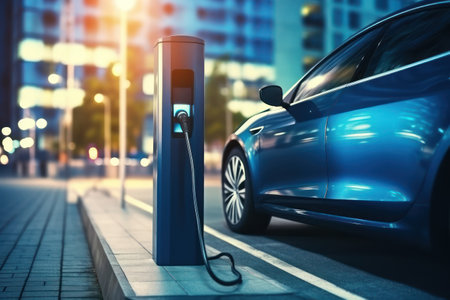 Charging station for electric vehicles. Green clean energy for your convenience. Green energy concept.の素材