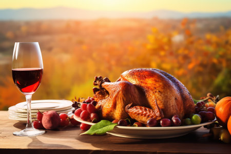 Roast turkey on a rustic table. Grapes and red wine. Autumn table in the open air overlooking the autumn landscape. Thanksgiving Day.の素材